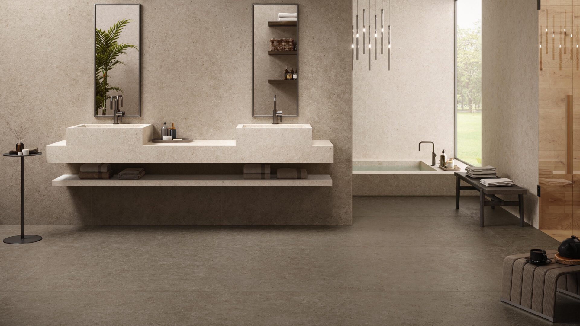 Atlas Concorde Boost Stone Clay en Taupe in de badkamer